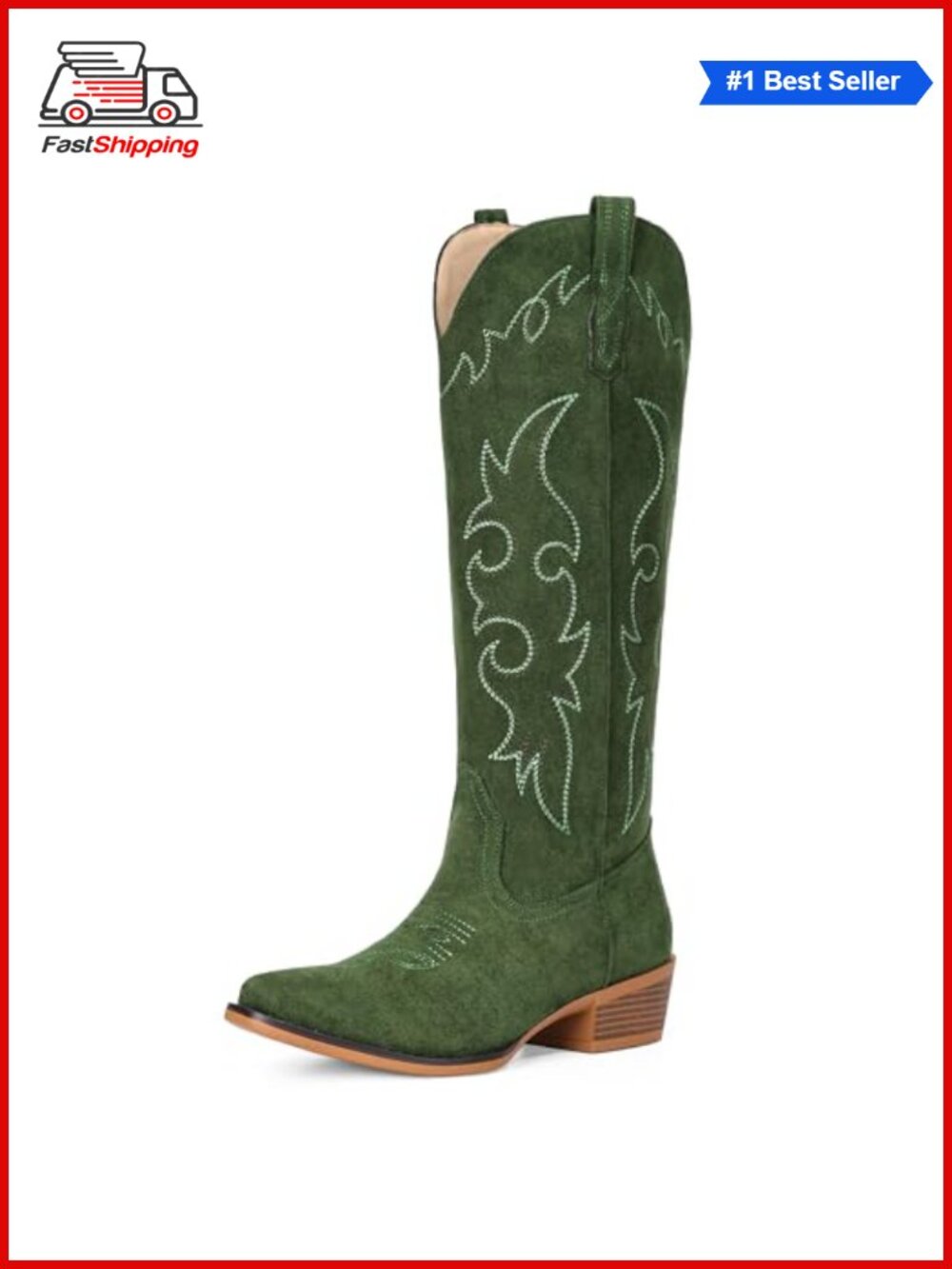 Suede Cowboy Boots for Women Knee High Western Floral Embroidery